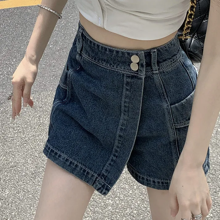High Waist Irregular Denim Skirt Shorts