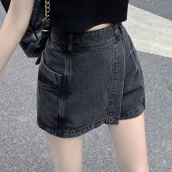 High Waist Irregular Denim Skirt Shorts