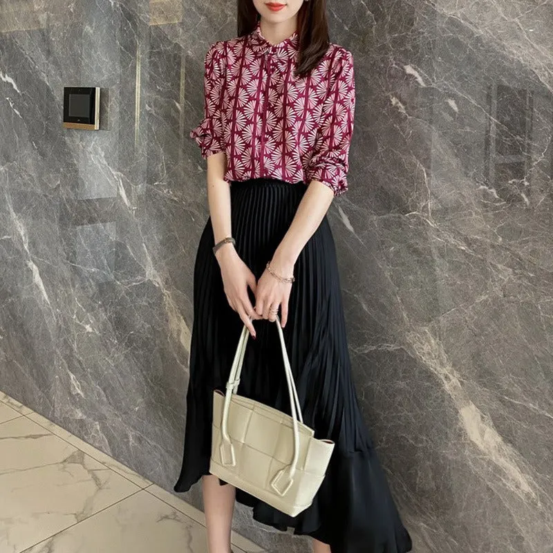 Irregular Pleated High Waist Midi Flare Skirt