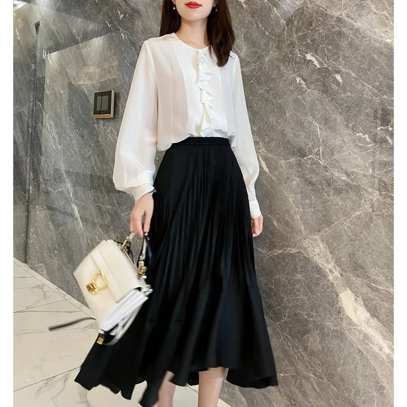 Irregular Pleated High Waist Midi Flare Skirt