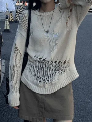 Joskaa Distressed Crochet Knit Sweater