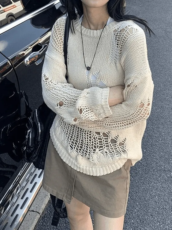 Joskaa Distressed Crochet Knit Sweater