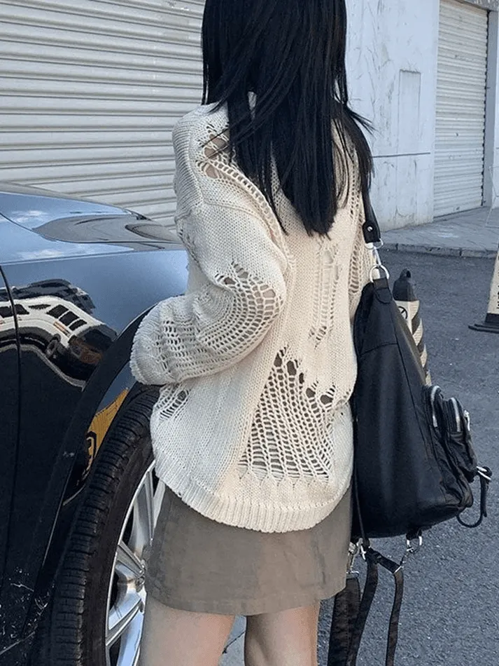 Joskaa Distressed Crochet Knit Sweater