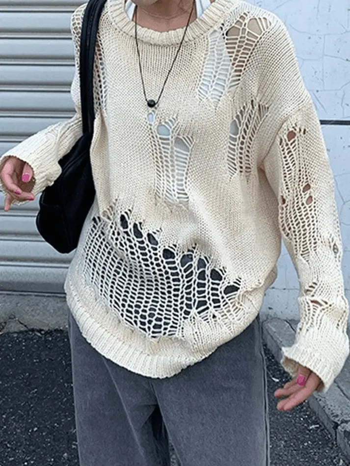 Joskaa Distressed Crochet Knit Sweater