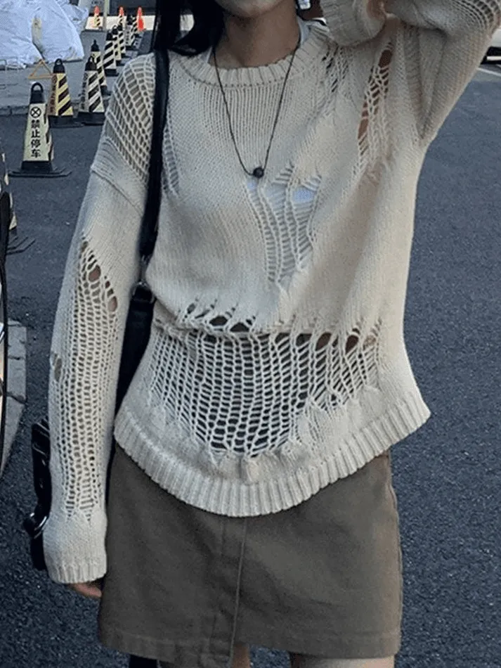 Joskaa Distressed Crochet Knit Sweater