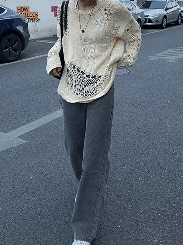 Joskaa Distressed Crochet Knit Sweater
