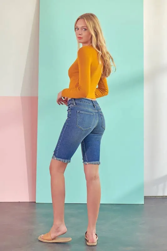 Kan Can Cory Mid Rise Bermuda Denim Shorts