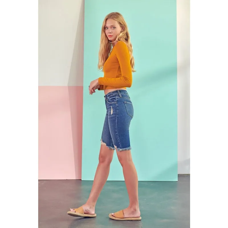 Kan Can Cory Mid Rise Bermuda Denim Shorts