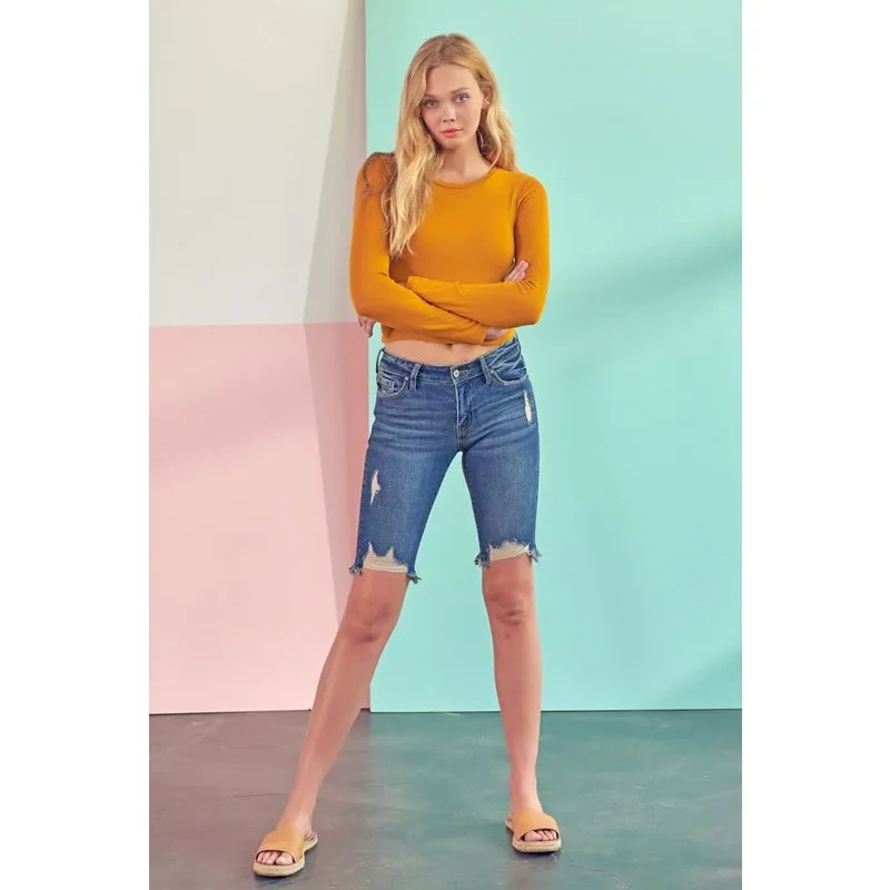 Kan Can Cory Mid Rise Bermuda Denim Shorts