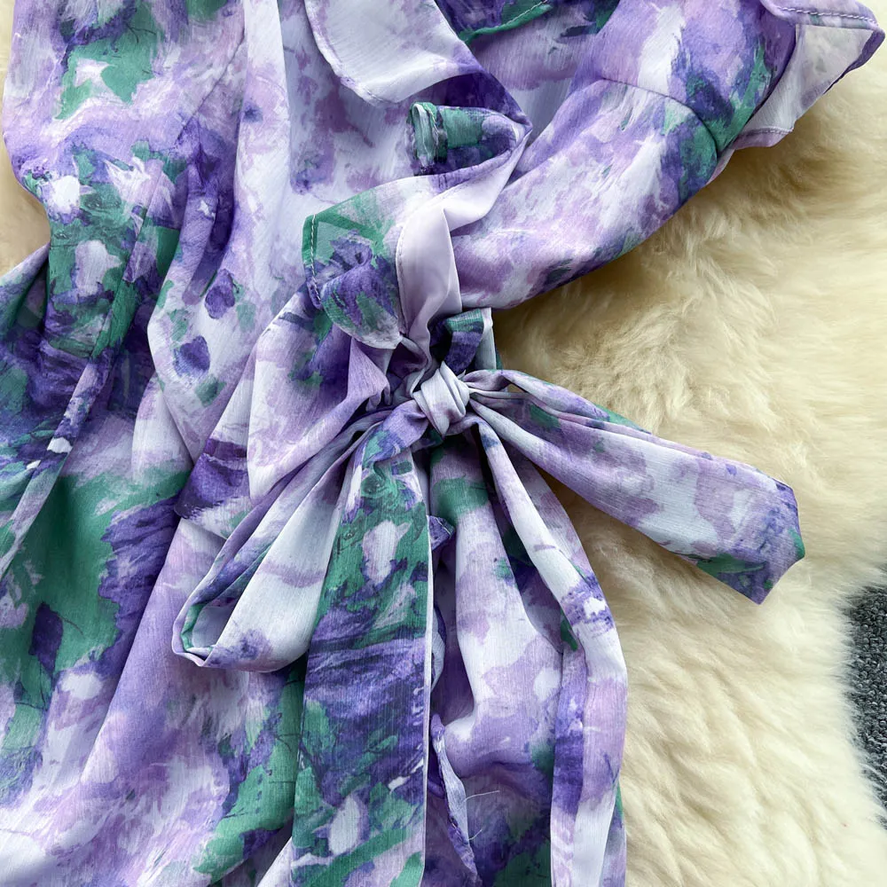 Lace-up Purple Floral Slip Dress