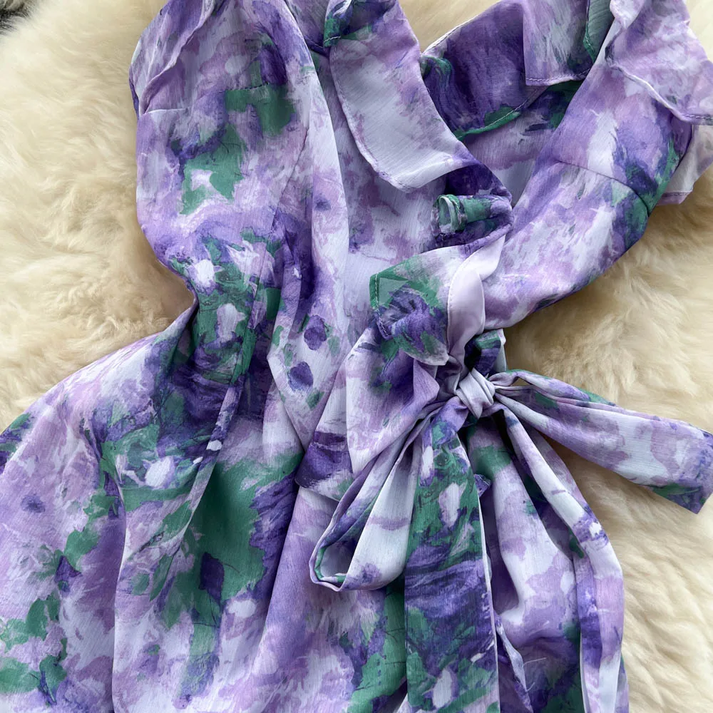 Lace-up Purple Floral Slip Dress