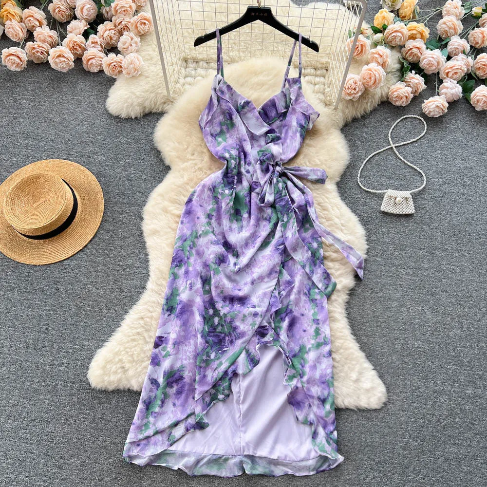 Lace-up Purple Floral Slip Dress