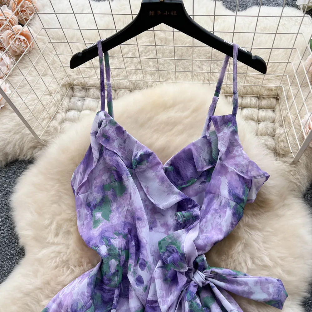 Lace-up Purple Floral Slip Dress
