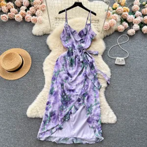 Lace-up Purple Floral Slip Dress