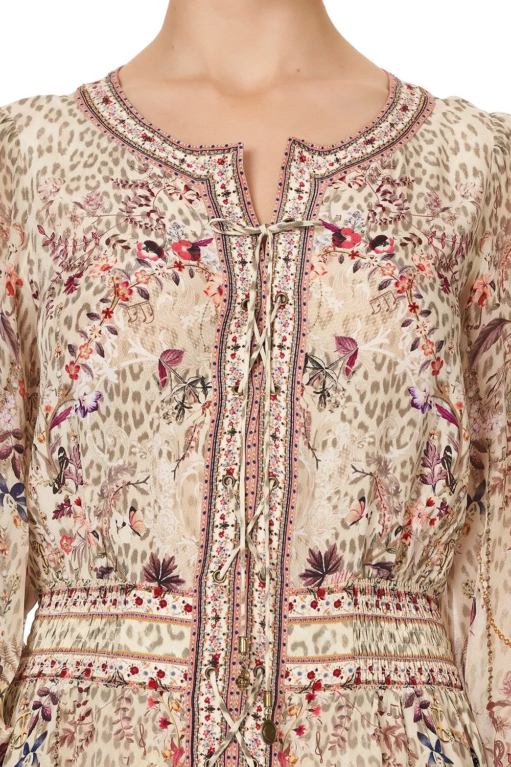 LACE UP SHIRRED WAIST DRESS DRIFTING DREAMER