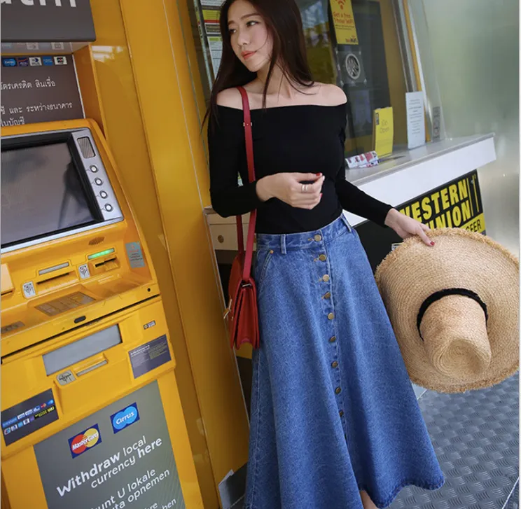 ladies high waist Korean denim long skirt