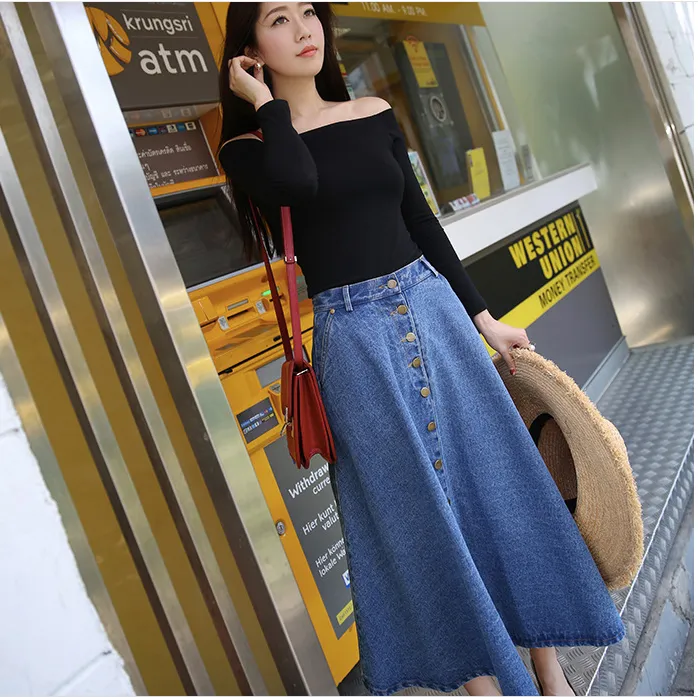 ladies high waist Korean denim long skirt