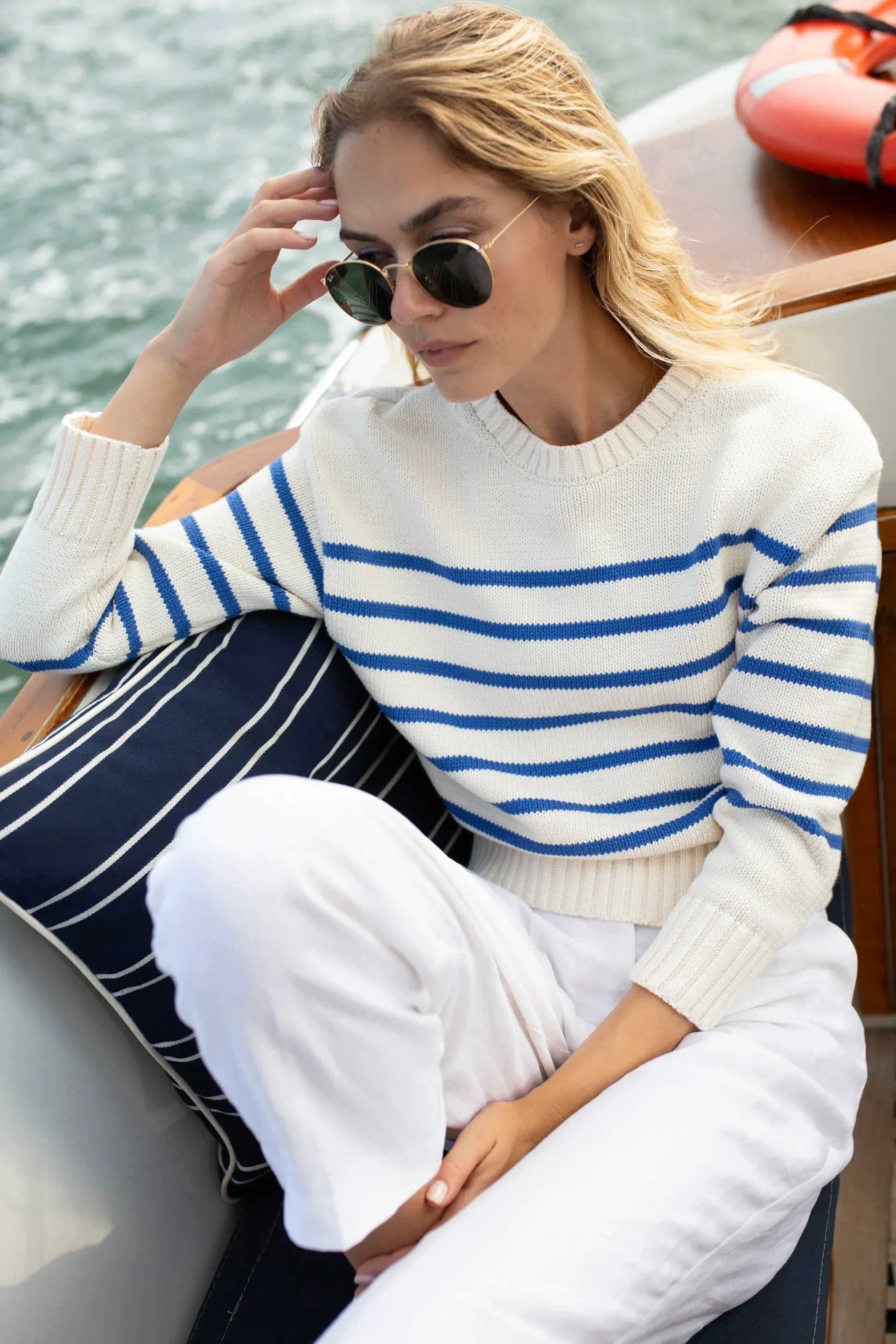 Lake Sweater - Ivory/Tidal Blue Stripe