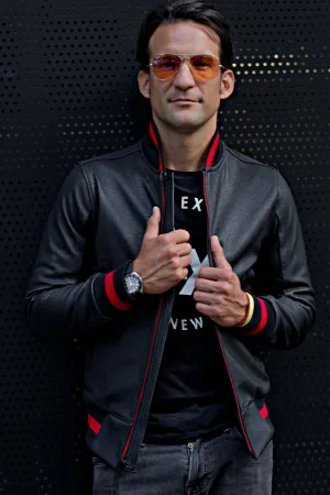 LUXUS II Bomber Jacket in Perforated Leather Black - Red Stripe