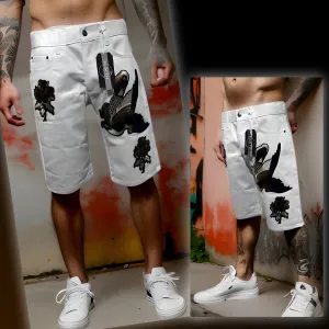 ^MAXI MILIAN^ (WHITE) ~BIRDS~ DENIM SHORTS (SLIM FIT) (EMBROIDERED)