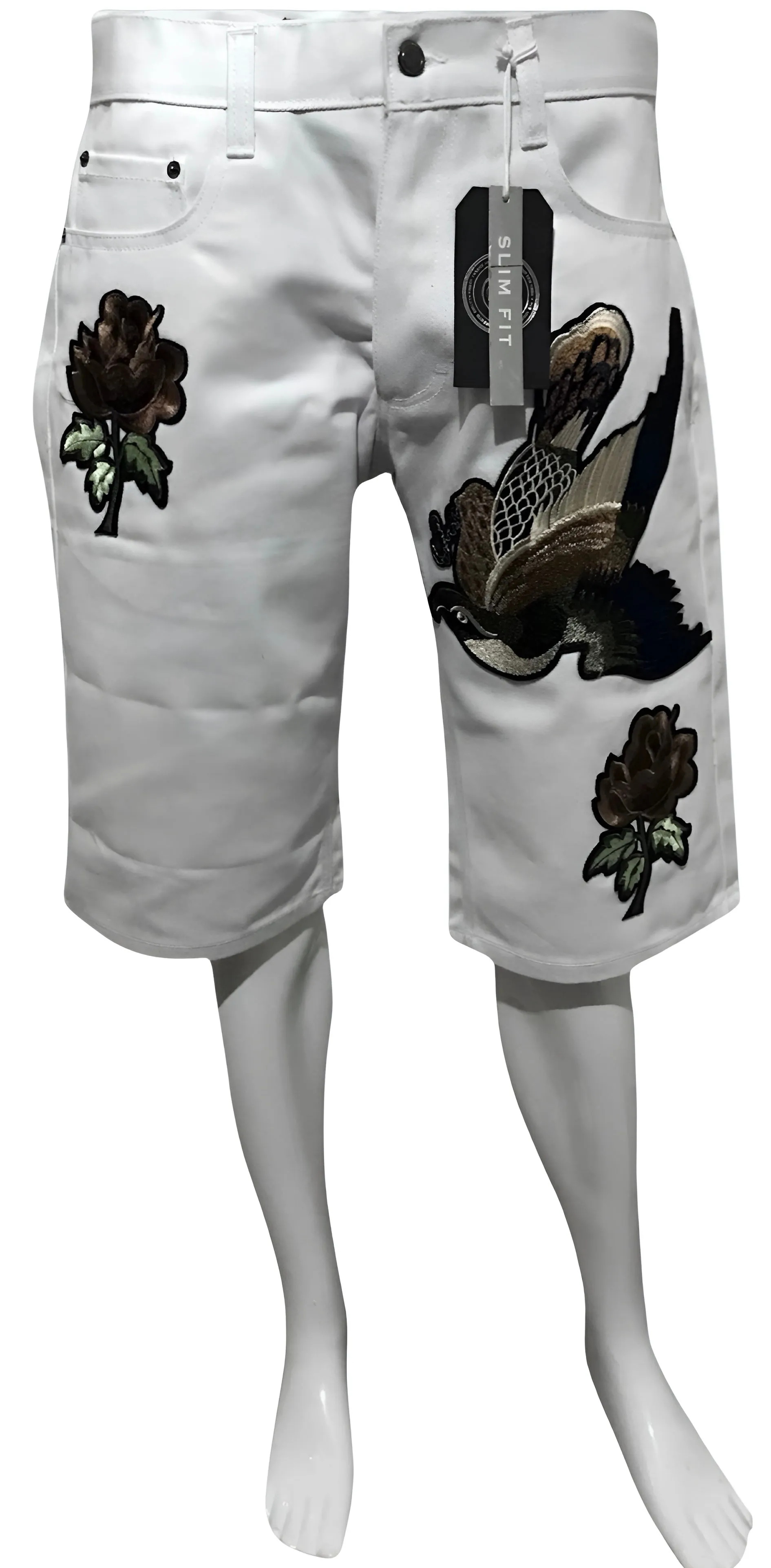 ^MAXI MILIAN^ (WHITE) ~BIRDS~ DENIM SHORTS (SLIM FIT) (EMBROIDERED)