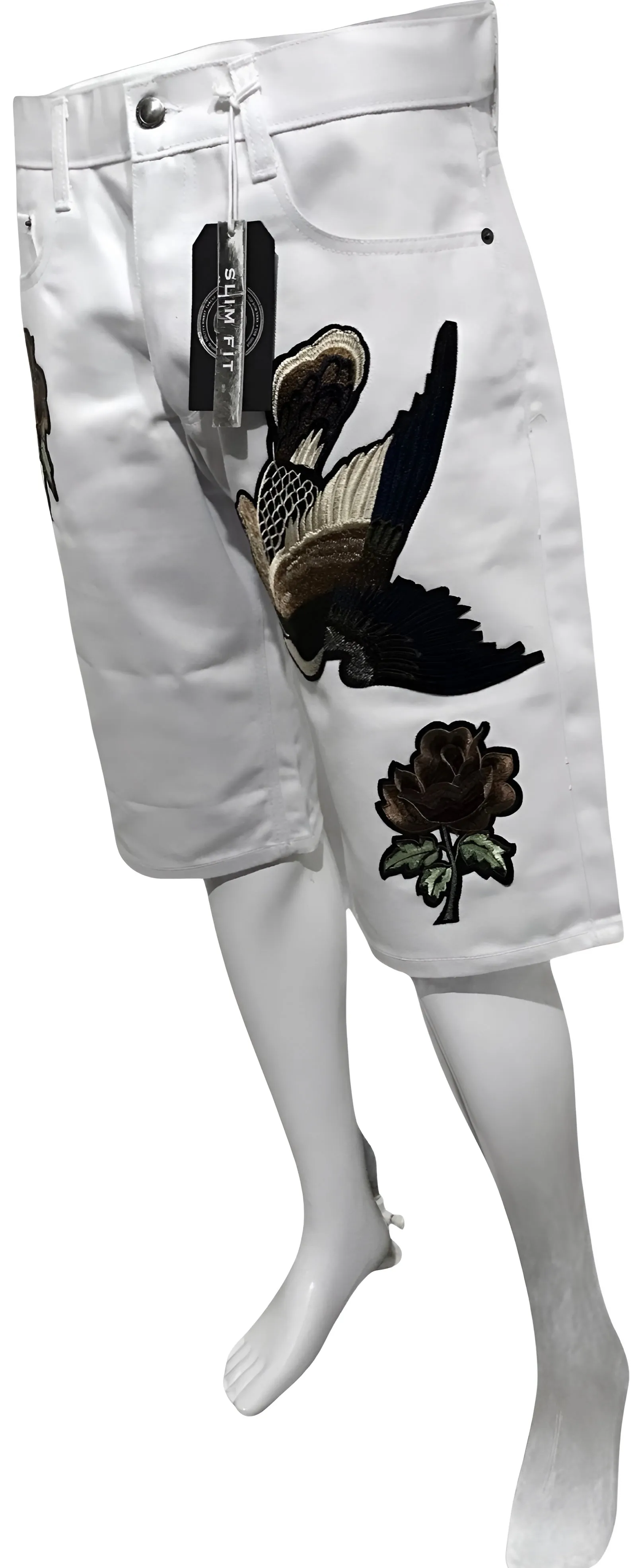 ^MAXI MILIAN^ (WHITE) ~BIRDS~ DENIM SHORTS (SLIM FIT) (EMBROIDERED)