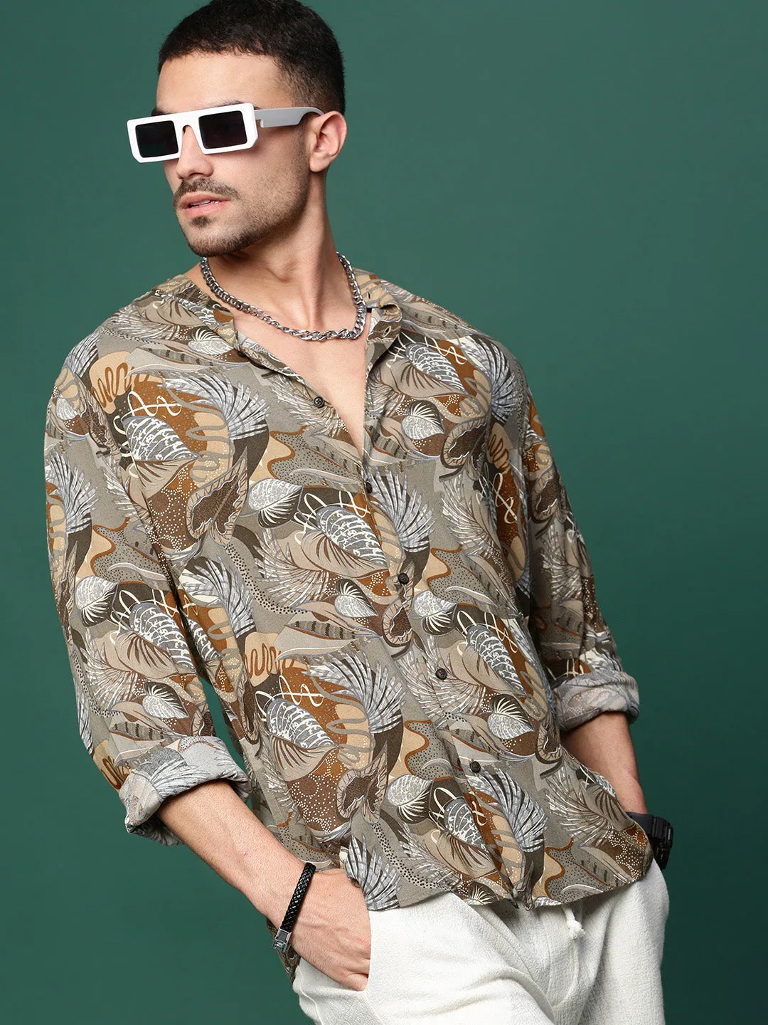 Men Olive Floral Slim Fit Shirt