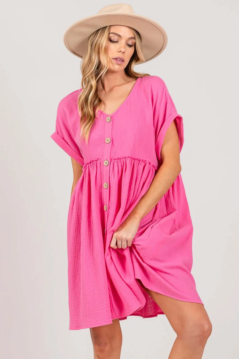 Pink Button Up Short Sleeve Dress