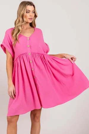 Pink Button Up Short Sleeve Dress