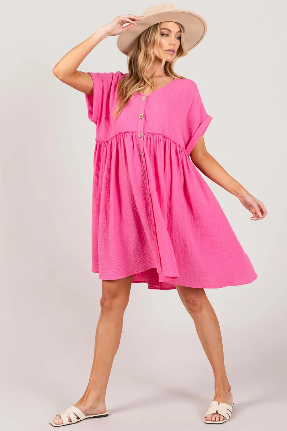 Pink Button Up Short Sleeve Dress