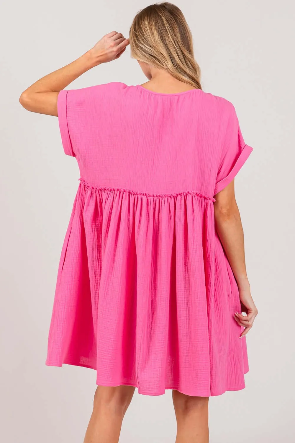 Pink Button Up Short Sleeve Dress