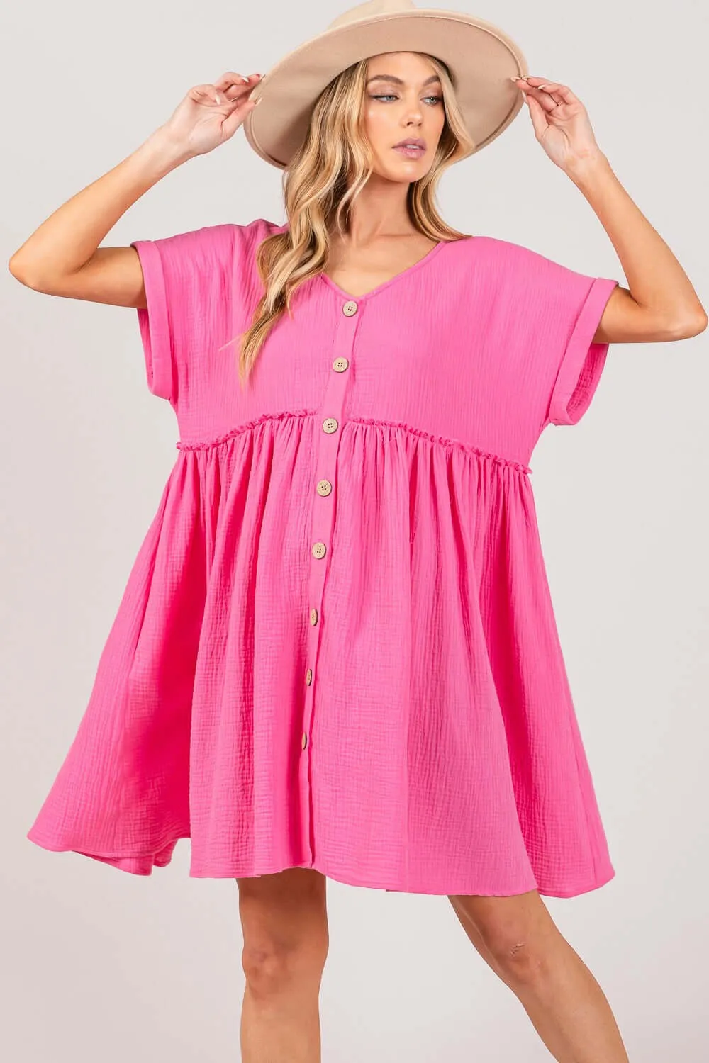 Pink Button Up Short Sleeve Dress