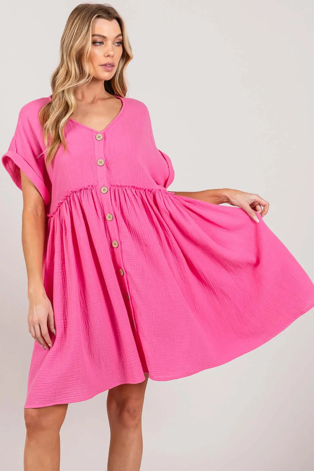 Pink Button Up Short Sleeve Dress