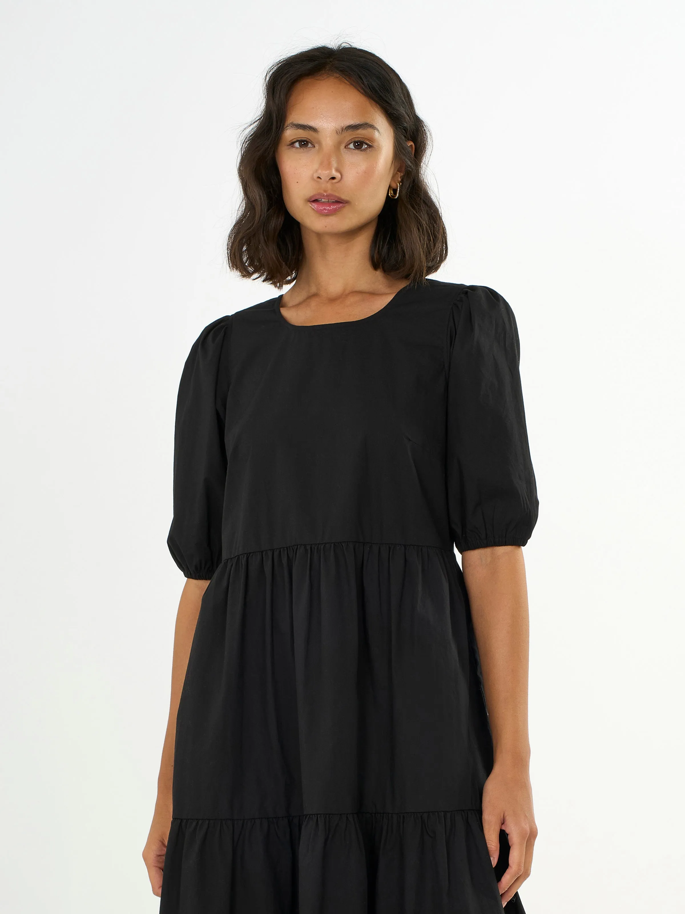 Puff sleeve poplin dress - Black Jet