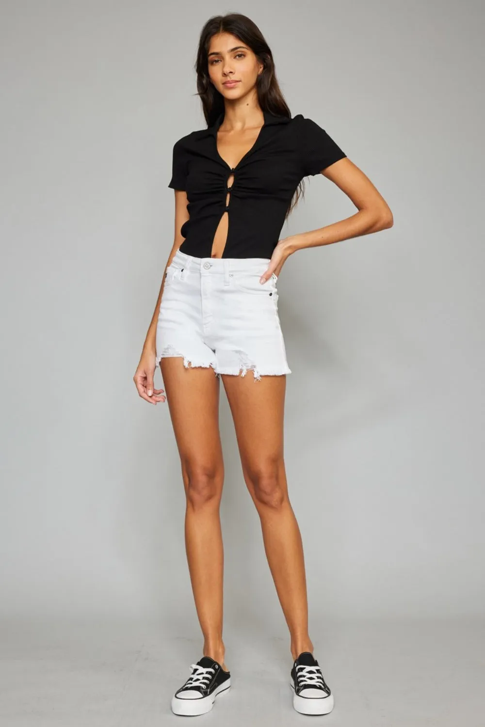 "Women's High Rise Denim Shorts with Frayed Hem - Full Size"