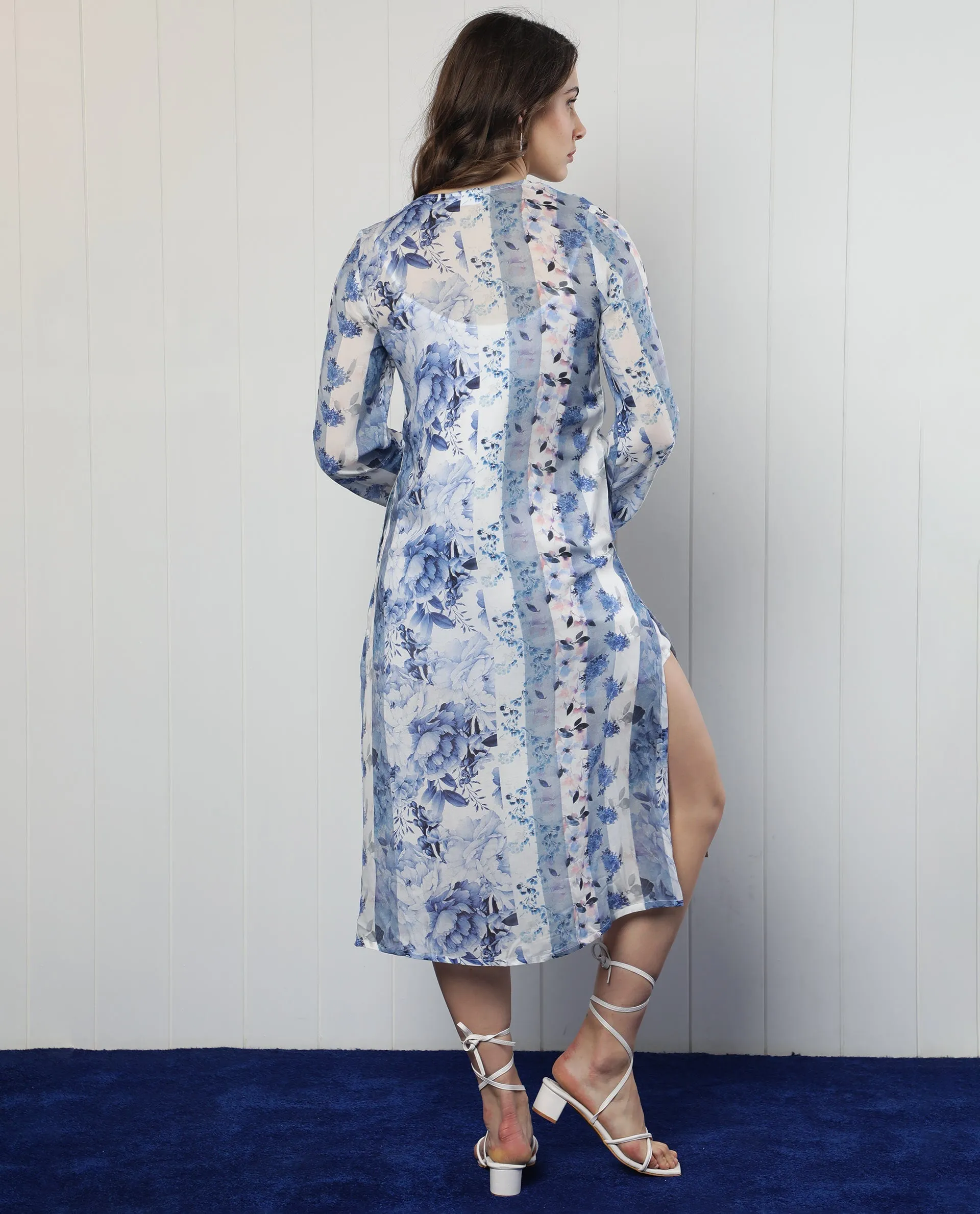 Rareism Women Shay Light Blue Modal Fabric 3/4Th Sleeves Tie-Up Closure Tie-Up Neck Relaxed Fit Floral Print Knee Length Shrug