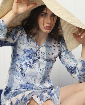 Rareism Women Shay Light Blue Modal Fabric 3/4Th Sleeves Tie-Up Closure Tie-Up Neck Relaxed Fit Floral Print Knee Length Shrug