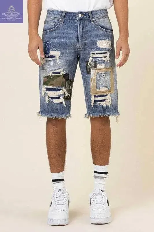Repaired Camo & Twill Denim Bermuda Shorts
