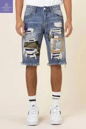 Repaired Camo & Twill Denim Bermuda Shorts