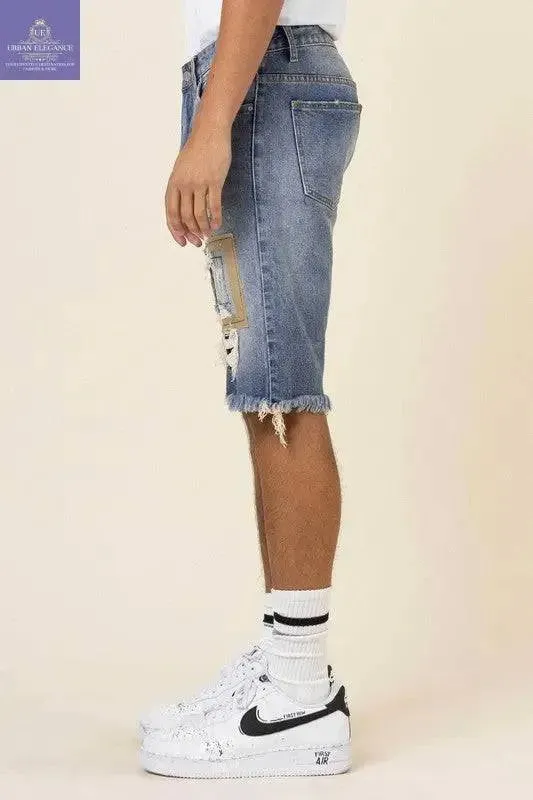 Repaired Camo & Twill Denim Bermuda Shorts
