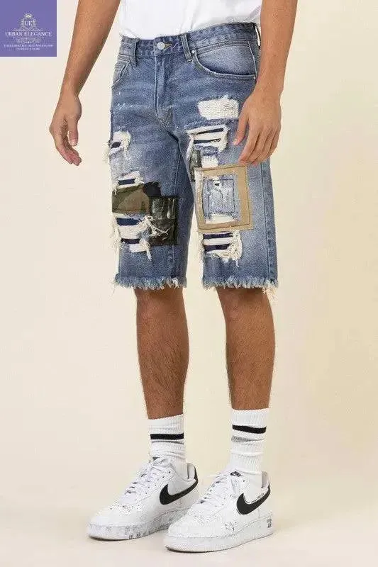 Repaired Camo & Twill Denim Bermuda Shorts
