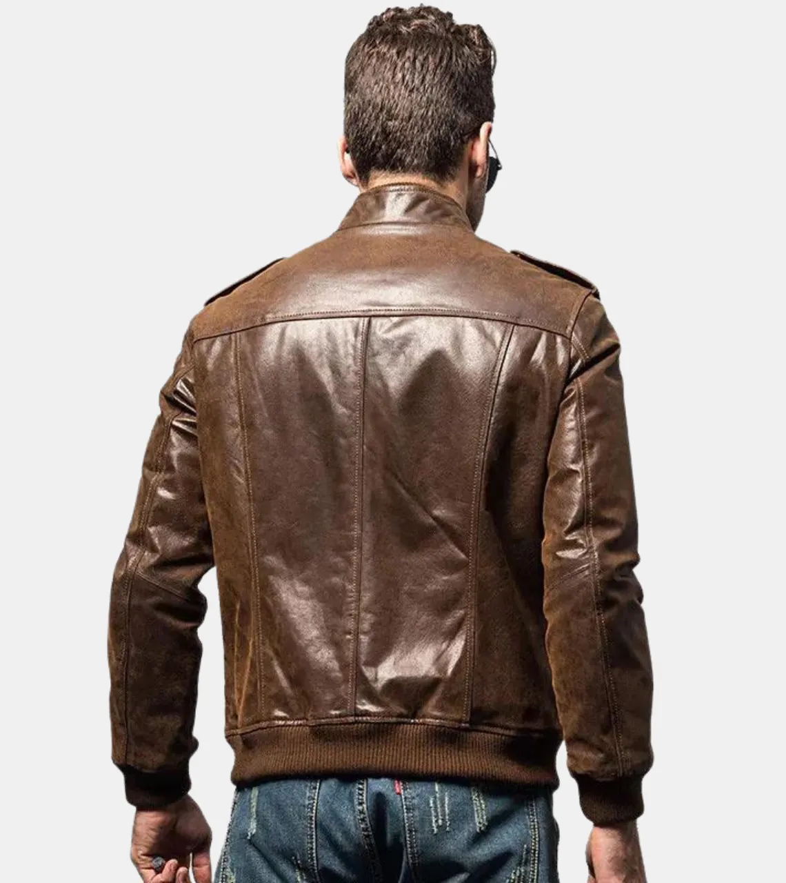 Rib Collared Men's Leather Bomber Jacket