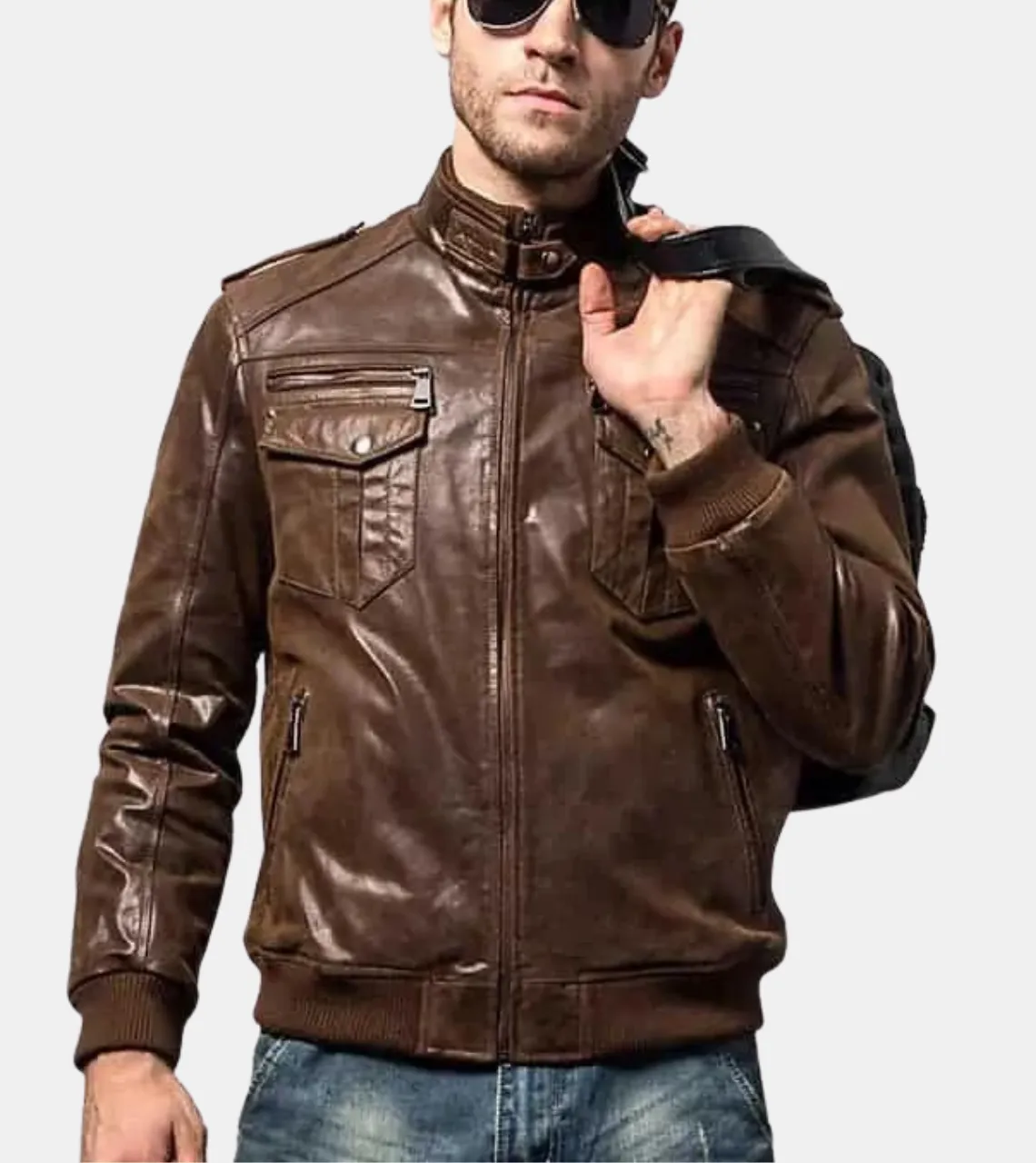 Rib Collared Men's Leather Bomber Jacket