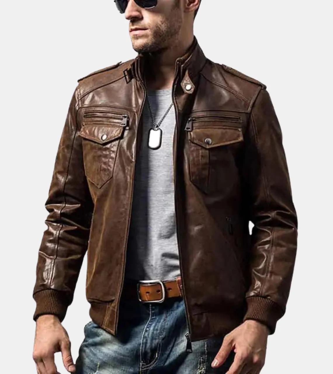 Rib Collared Men's Leather Bomber Jacket