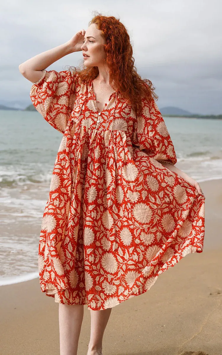 River Goddess 100% Cotton Midi Dress Hawa Rust Sunflower