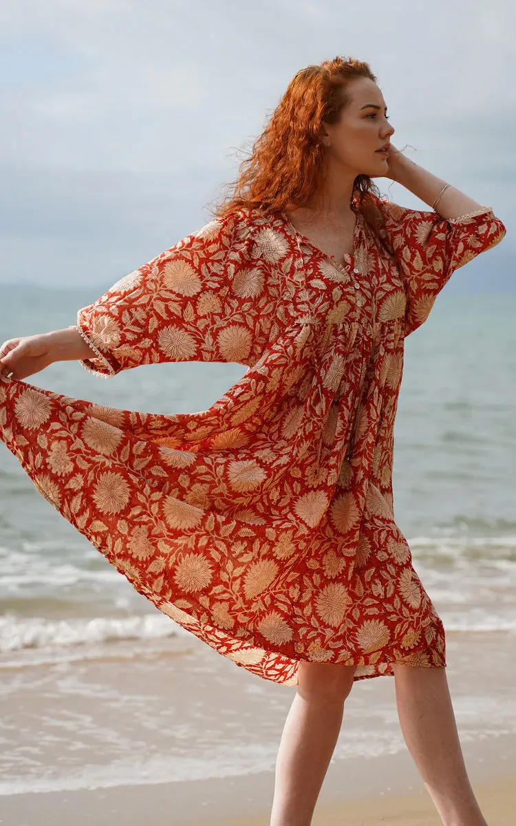 River Goddess 100% Cotton Midi Dress Hawa Rust Sunflower