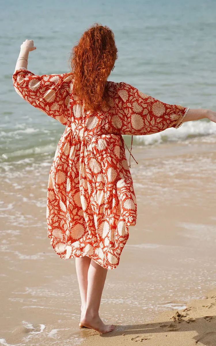 River Goddess 100% Cotton Midi Dress Hawa Rust Sunflower