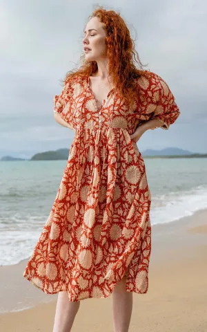 River Goddess 100% Cotton Midi Dress Hawa Rust Sunflower