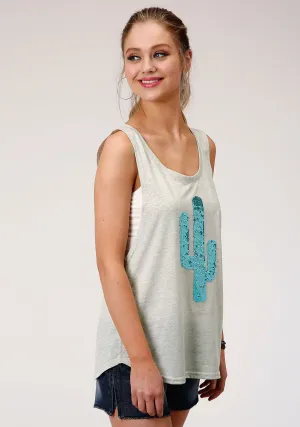 Roper Womens Grey Poly/Rayon Glitter Cactus S/L Tank Top
