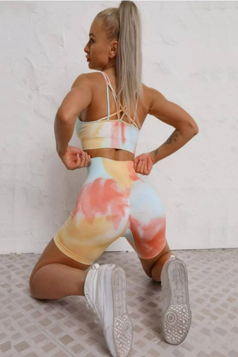 Seamless Tie Dye Gym Workout Yoga Leggings 2 Piece Set